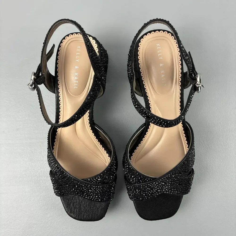 Kelly & Katie Liliena Platform Sandals Black with Rhinestones Sz 7.5W - Picture 2 of 8